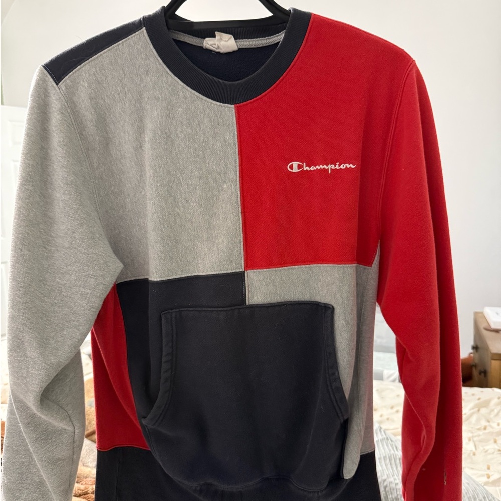 VINTAGE Champion Colorblock Crewneck Sweatshirt - Red, Gray, Black